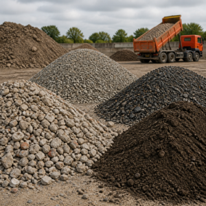 Recycled aggregates and hardcore in a builders yard